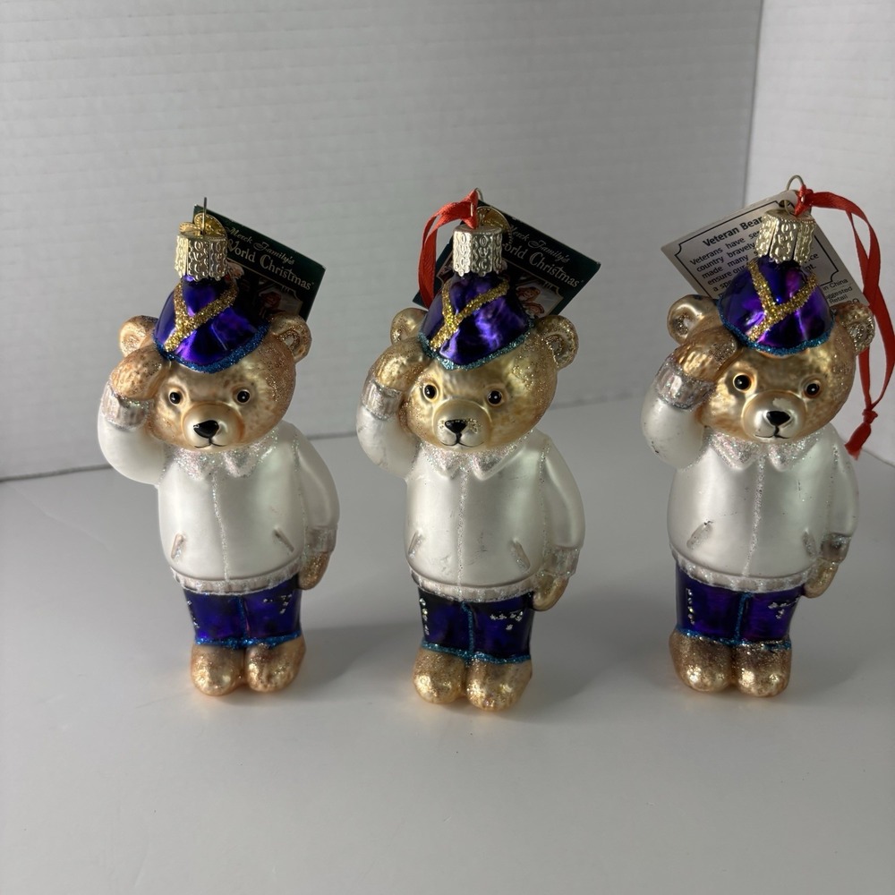 Lot Of 3 Old World Vetrans Bear Ornaments Christmas Blown Glass Salute Tradition - Picture 1 of 7